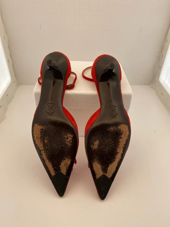 J. Crew Red Suede Pointed-Toe Ankle-Strap Heels with Tassel Bow - Picture 3 of 5